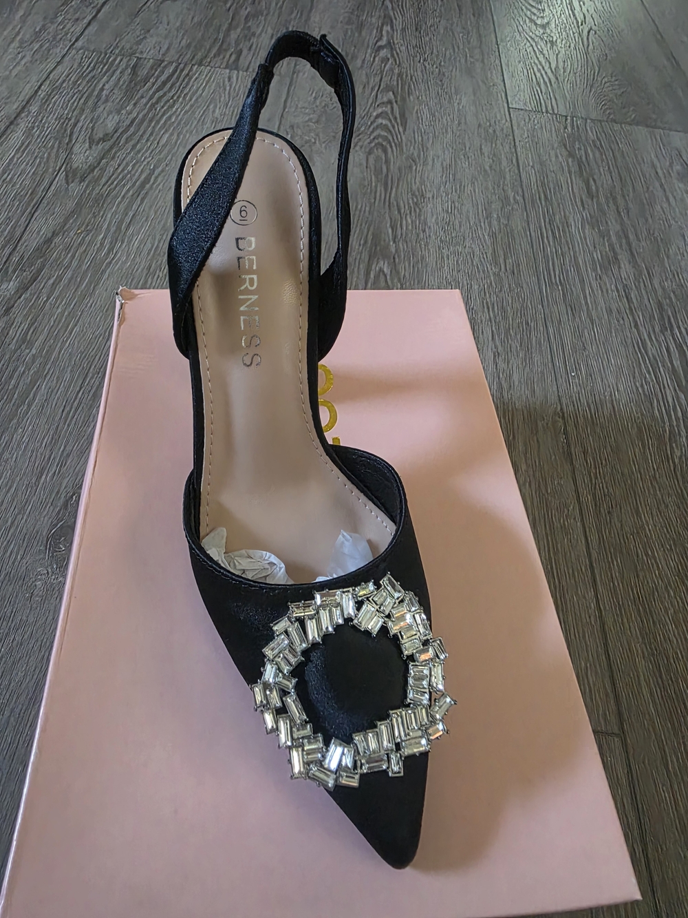 Black Pointed Slingback Pump with Crystal Buckle